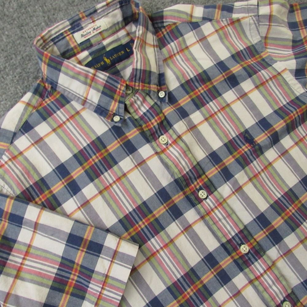 Ralph Lauren Shirt Mens Large Bleeding Madras Fade Plaid Natural Dye Preppy Slim - Picture 1 of 10